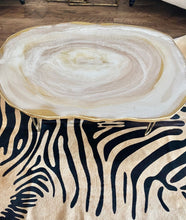 Load image into Gallery viewer, Luxury Resin geode coffee table, white and gold decorative table with gold hairpin legs.
