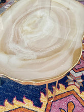 Load image into Gallery viewer, Luxury Resin geode coffee table, white and gold decorative table with gold hairpin legs.
