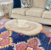 Load image into Gallery viewer, Luxury Resin geode coffee table, white and gold decorative table with gold hairpin legs.
