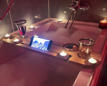 Load image into Gallery viewer, Solid Teakwood Handmade Tub Tray, Wood Bath Tub Tray , Bath Tray Caddy with Wine Glass Holder, Bathtub Caddy, Washroom Essentials
