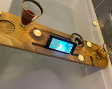 Load image into Gallery viewer, Solid Teakwood Handmade Tub Tray, Wood Bath Tub Tray , Bath Tray Caddy with Wine Glass Holder, Bathtub Caddy, Washroom Essentials
