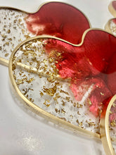 Load image into Gallery viewer, Valentine’s Day decoration red heart coasters, resin coaster set with edges. Great Valentines galentines gift wife, girlfriend, mom
