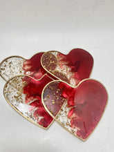 Load image into Gallery viewer, Valentine’s Day decoration red heart coasters, resin coaster set with edges. Great Valentines galentines gift wife, girlfriend, mom
