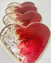 Load image into Gallery viewer, Valentine’s Day decoration red heart coasters, resin coaster set with edges. Great Valentines galentines gift wife, girlfriend, mom
