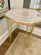 Load image into Gallery viewer, Luxury Resin geode accent end table. Moonstone white and gold agate style decorative table with gold hairpin legs. Custom colors available
