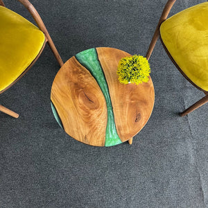 Round Epoxy Wooden Side Table & Coffee Table, Live Edge Epoxy Resin River, Tapered Wooden Legs - Handmade with Customizable Resin Color