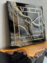 Load image into Gallery viewer, Large Black Gold Square Resin Wall Clock 12 Inch – Handmade Geode Epoxy Art, Crystal Edge, Roman Numerals, Silent Quartz, Luxury Statement Decor
