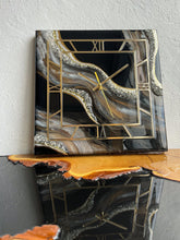 Load image into Gallery viewer, Large Black Gold Square Resin Wall Clock 12 Inch – Handmade Geode Epoxy Art, Crystal Edge, Roman Numerals, Silent Quartz, Luxury Statement Decor
