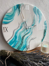 Load image into Gallery viewer, Resin Wall Clock, turquoise wall clock, Resin art clock, Home decor, Modern wall art, anniversary gift for parents, epoxy art, epoxy resin

