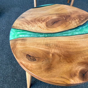 Round Epoxy Wooden Side Table & Coffee Table, Live Edge Epoxy Resin River, Tapered Wooden Legs - Handmade with Customizable Resin Color