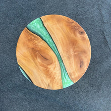 Load image into Gallery viewer, Round Epoxy Wooden Side Table &amp; Coffee Table, Live Edge Epoxy Resin River, Tapered Wooden Legs - Handmade with Customizable Resin Color
