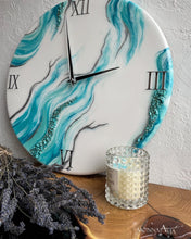 Load image into Gallery viewer, Resin Wall Clock, turquoise wall clock, Resin art clock, Home decor, Modern wall art, anniversary gift for parents, epoxy art, epoxy resin
