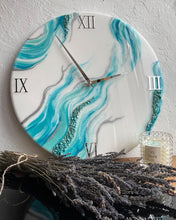 Load image into Gallery viewer, Resin Wall Clock, turquoise wall clock, Resin art clock, Home decor, Modern wall art, anniversary gift for parents, epoxy art, epoxy resin
