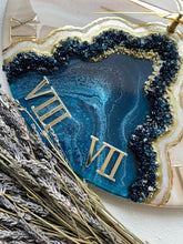 Load image into Gallery viewer, Geode resin clock Resin art wall clock Unique home decor Wedding gift Custom clock in white beige and blue geode wall art Abstract art Gold 12 Inch
