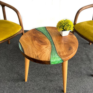 Round Epoxy Wooden Side Table & Coffee Table, Live Edge Epoxy Resin River, Tapered Wooden Legs - Handmade with Customizable Resin Color