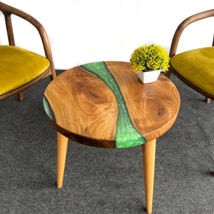 Round Epoxy Wooden Side Table & Coffee Table, Live Edge Epoxy Resin River, Tapered Wooden Legs - Handmade with Customizable Resin Color