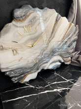 Load image into Gallery viewer, Epoxy Resin Wall Clock – Large Handmade Wall Clock with Gold and Grey Marble Design, Modern Geode Statement Decor 16 inch
