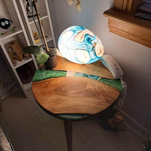 Load image into Gallery viewer, Round Epoxy Wooden Side Table &amp; Coffee Table, Live Edge Epoxy Resin River, Tapered Wooden Legs - Handmade with Customizable Resin Color
