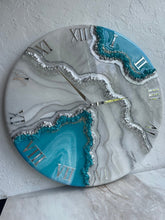 Load image into Gallery viewer, Resin geode clock, resin art, geode art, resin geode wall art, turquoise silver geode clock, wall art living room, wall clock unique - 12 Inch
