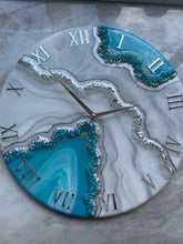 Load image into Gallery viewer, Resin geode clock, resin art, geode art, resin geode wall art, turquoise silver geode clock, wall art living room, wall clock unique - 12 Inch
