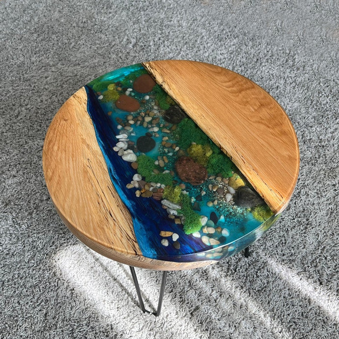 Stones , Wood and Resin Work Table, Epoxy Round Table / Coffee Table / Pedestal