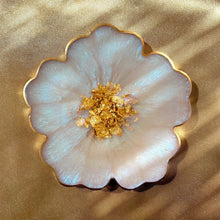 Load image into Gallery viewer, Iridescent White Opal and Gold Flower Shaped Coasters, Resin coasters set of 4 , gift for her

