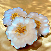 Load image into Gallery viewer, Iridescent White Opal and Gold Flower Shaped Coasters, Resin coasters set of 4 , gift for her
