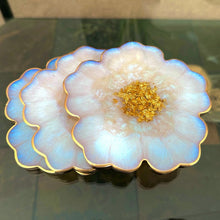 Load image into Gallery viewer, Iridescent White Opal and Gold Flower Shaped Coasters, Resin coasters set of 4 , gift for her
