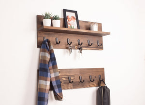 Premium Wooden Handcrafted Coat Rack with Shelf | Floating Shelf Entryway Organizer Towel Rack Key Holder Leash Holder Key Hooks Wall Mounted Bag Holder Wooden