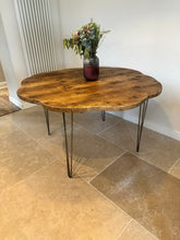 Load image into Gallery viewer, Rustic Flower Live Edge Circle Solid Wood Chunky Scaffold Hairpin Metal Leg Dining Side Desk Table Handcrafted with Solid Wood
