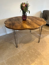 Load image into Gallery viewer, Rustic Flower Live Edge Circle Solid Wood Chunky Scaffold Hairpin Metal Leg Dining Side Desk Table Handcrafted with Solid Wood
