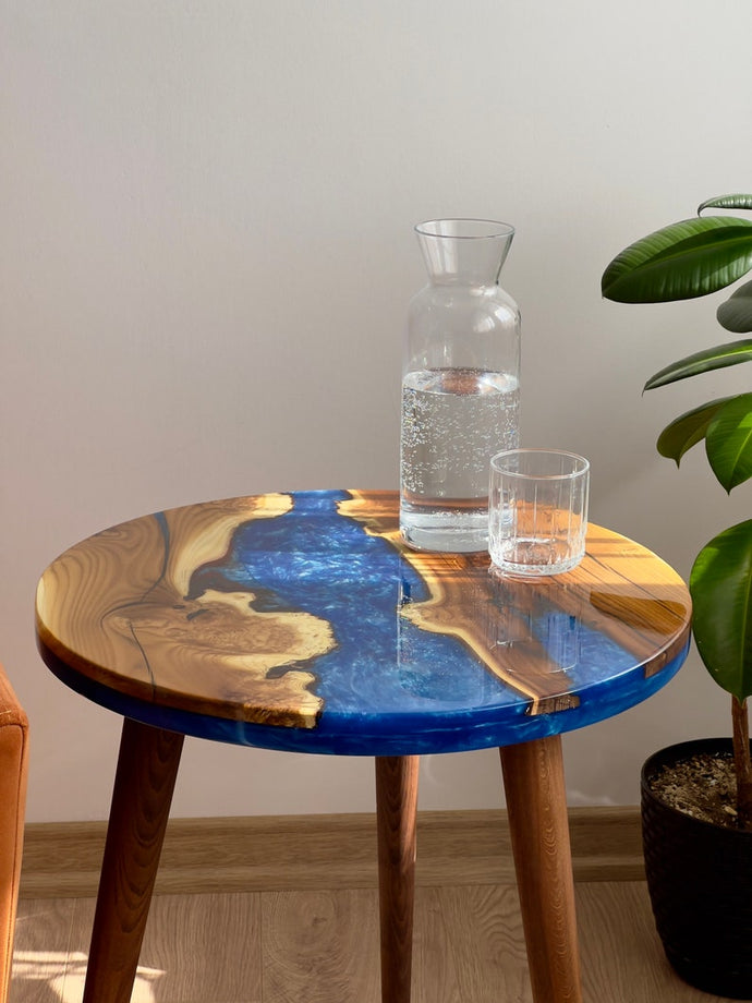 Round Blue River Wooden Coffee Table made with live edge wild olive wood, End Table with Wooden Tapered Legs, Modern Resin Side Table