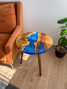 Round Blue River Wooden Coffee Table made with live edge wild olive wood, End Table with Wooden Tapered Legs, Modern Resin Side Table