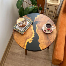 Load image into Gallery viewer, Round Live Edge Black Resin Side Table made with Oleaster Wood, Small Coffee Table, End Table with Wooden Tapered Legs, Matte Finish
