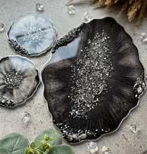 Load image into Gallery viewer, Black &amp; Silver Epoxy Resin Tray and Coaster Set with Natural Stones

