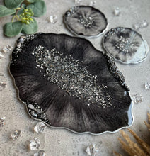 Load image into Gallery viewer, Black &amp; Silver Epoxy Resin Tray and Coaster Set with Natural Stones
