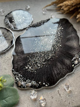 Load image into Gallery viewer, Black &amp; Silver Epoxy Resin Tray and Coaster Set with Natural Stones
