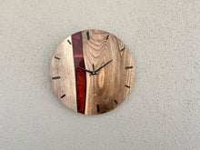 Load image into Gallery viewer, Handcrafted Walnut Wood Wall Clock: Metallic Red Epoxy Inlay, Silent Timepiece - 12 Inch, Resin Clock

