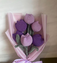 Load image into Gallery viewer, Crochet Flowers, Purple Tulip Flowers, Handmade Flowers, Mother's Day Gift, Crochet Flower Bouquet, Birthday, Wrapped Crochet Tulip, Easter
