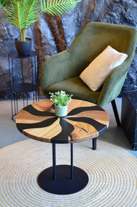 Small round coffee table, low wood end table, round accent epoxy coffee table, natural wood rustic end table, resin living room table
