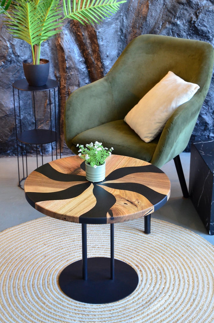Small round coffee table, low wood end table, round accent epoxy coffee table, natural wood rustic end table, resin living room table