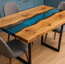 Load image into Gallery viewer, Resin Wooden Dining table made of epoxy resin in light blue color and made of Pine wood, epoxy table, resin art
