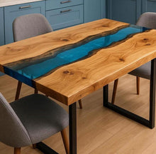 Load image into Gallery viewer, Resin Wooden Dining table made of epoxy resin in light blue color and made of Pine wood, epoxy table, resin art
