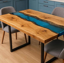Load image into Gallery viewer, Resin Wooden Dining table made of epoxy resin in light blue color and made of Pine wood, epoxy table, resin art
