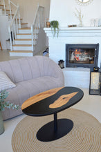 Load image into Gallery viewer, Epoxy Resin Black oval coffee table, rustic home decor, wooden side table, accent table, unique coffee table, rustic table, black river epoxy table
