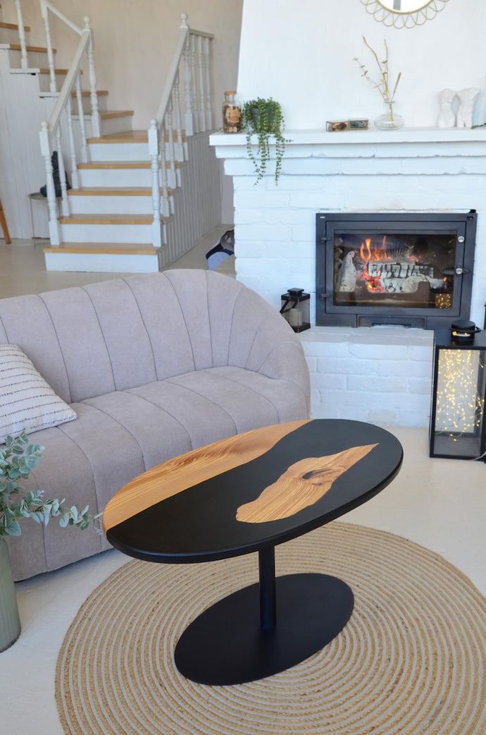 Epoxy Resin Black oval coffee table, rustic home decor, wooden side table, accent table, unique coffee table, rustic table, black river epoxy table