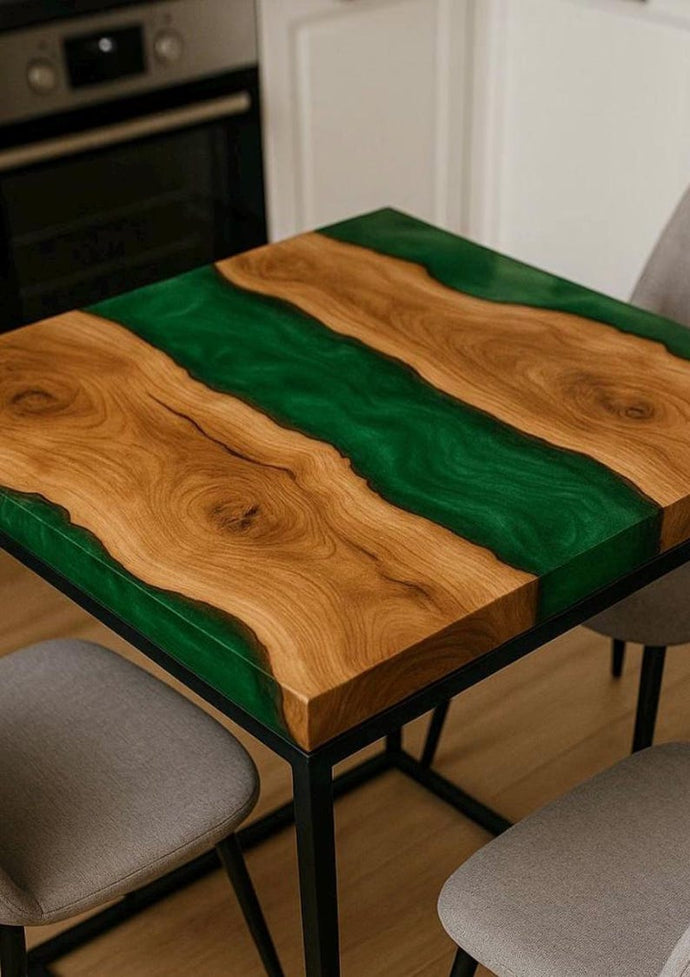 Square Table from epoxy resin in green color for your home, epoxy table, resin art, table, dining table, end table.