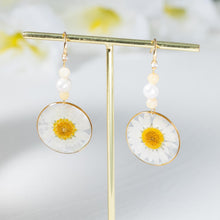 Load image into Gallery viewer, Real Daisy Flower Earrings, Handmade Pressed Dried Floral Resin Jewelry, Pearl Bead Dangle Birth Flower Earring for Women, Gift for Her
