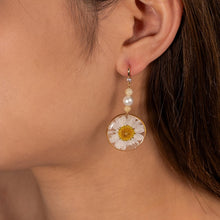 Load image into Gallery viewer, Real Daisy Flower Earrings, Handmade Pressed Dried Floral Resin Jewelry, Pearl Bead Dangle Birth Flower Earring for Women, Gift for Her
