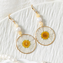 Load image into Gallery viewer, Real Daisy Flower Earrings, Handmade Pressed Dried Floral Resin Jewelry, Pearl Bead Dangle Birth Flower Earring for Women, Gift for Her
